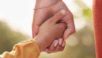 Close-up of an adult and a child holding hands.